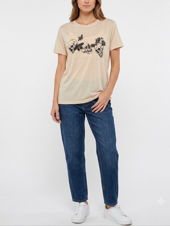 Unbranded Tops - Fashion Women's Tan Skull Graphic Short Sleeve Crewneck T-Shirt Size Small NWOT